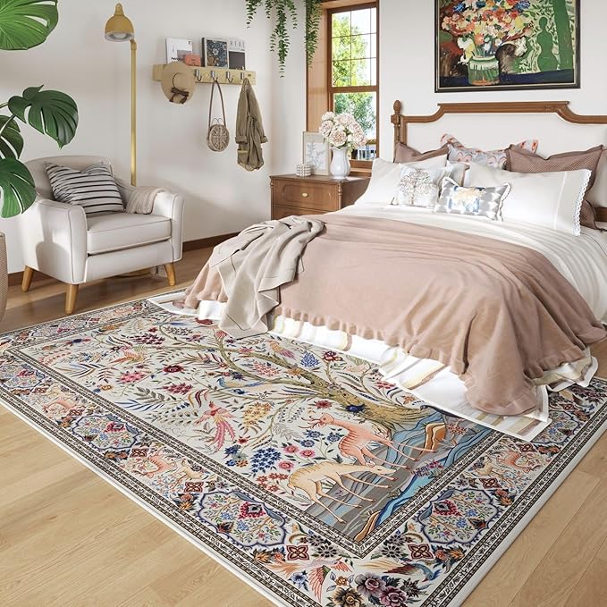 Rugcomf Area Rugs 5x7 Vibrant Tree of Life-Patterned Vintage Washable Area Rug Non Slip Low Pile Large Rugs for Living Room Bedroom Farmhouse Dining Room Kids Playroom, Beige