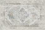 Phantoscope Washable Area Rug 4'x6' Non-Slip, Vintage Neutral Rugs for Living Room, Bedroom, Dining Room, Distressed Boho Medallion Pattern, Low-Pile Foldable Floor Carpet, Silver Grey/Taupe