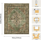 8x10 Machine Washable Area Rug for Living Room, Brown Green Boho Vintage Floral Rug Large Non-Slip Low Pile Soft Faux Wool Carpet, Kids and Pets Friendly for Bedroom Dining Room Farmhouse Decor Rug
