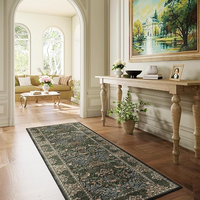 2.6x8 Floral Washable Area Rug Soft Runner Rugs for Kitchen, Vintage Boho Hallway Rug for Bedroom Dining Room, Botanical Birds Non Slip Low Pile Throw Carpet, Retro Gold/Green