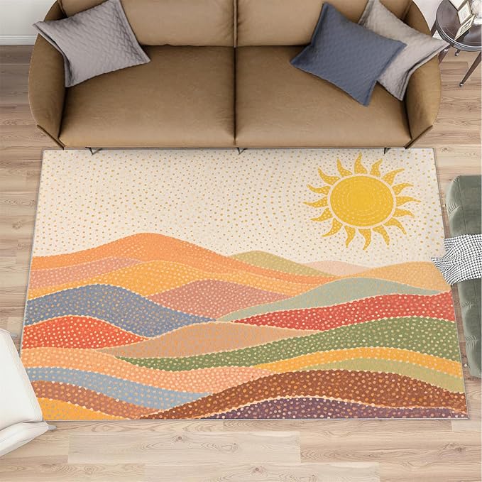 Boho Sun Area Rugs 3x5ft, Mosaic Sunburst Boys Rugs for Bedroom, Dotted Gradient Hills Kids Room Rug Soft Fuzzy Washable for Living Room Game Room Coffee Table