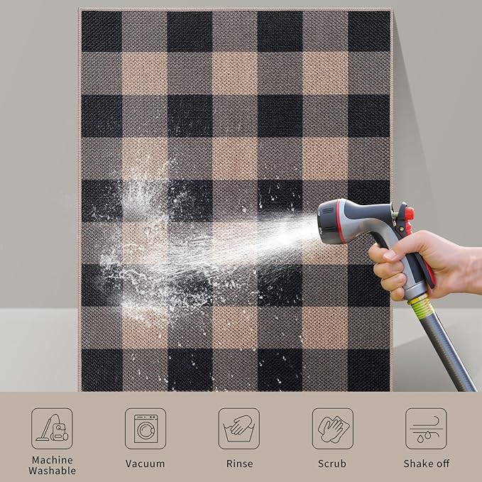 Tangsoo Checkered Easy Jute Rug,3x5 Washable Area Rug for Bedroom,Non-Slip Black Indoor Outdoor Rug Modern Farmhouse Low Pile Carpet for Patio Backyard Entryway