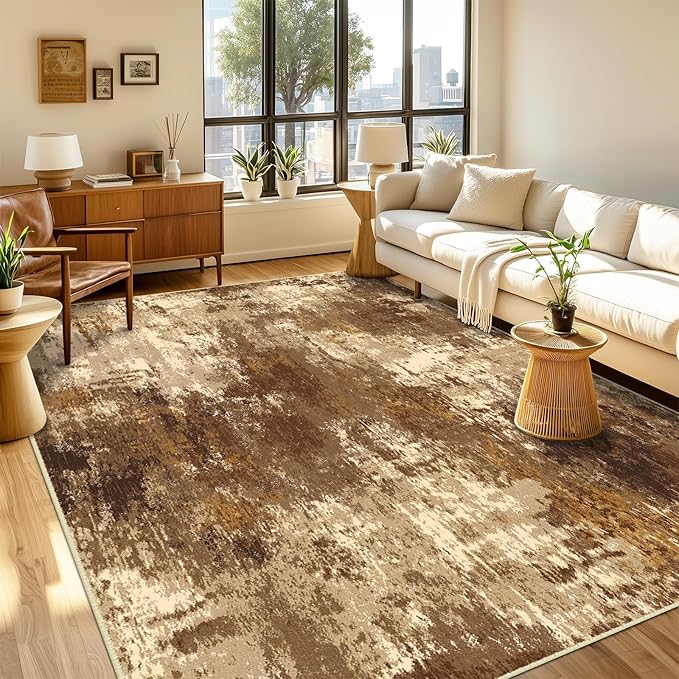 Washable Area Rugs 5'x7' Non-Slip Modern Abstract Soft for Living Room Entryway Bedroom Nursery, Print Pattern, Brown Tan Beige Coffee