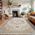 5x7 Grey Beige Area Rug for Living Room, Machine Washable Rugs with Non-Slip Backing for Bedroom, Vintage Medallion Carpet Dining Room Office Kids Room Decor