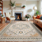 6x9 Grey Beige Area Rug for Living Room, Machine Washable Rugs with Non-Slip Backing for Bedroom, Vintage Medallion Carpet Dining Room Office Kids Room Decor