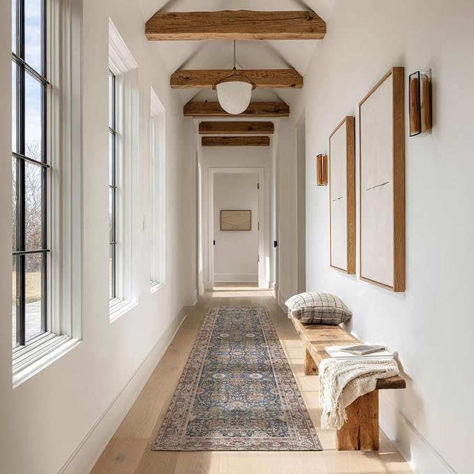 Kuden 2'6"x10 Runner Rug, Machine Washable Area Rug with Non-Slip Backing, Vintage Style, Soft, Easy Clean, Low Pile Rug for Hallway, Entryway, Kitchen, Bedroom