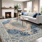 Large Area Rugs 9x12, Low Pile Washable Rugs - Soft Vintage Distressed Rugs for Living Room Bedroom, Office, Dining Room, Water Repellent & Non Shedding, Blue and Orange