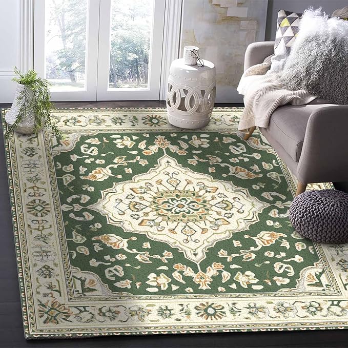 Green Bohemian Rectangular Area Rugs for Living Room Bedroom 5 x 8 ft Vintage Farmhouse Floral Pattern Non-Shedding Soft Low Pile Rug Non Slip Washable Rug for Nursery Entryway Playroom