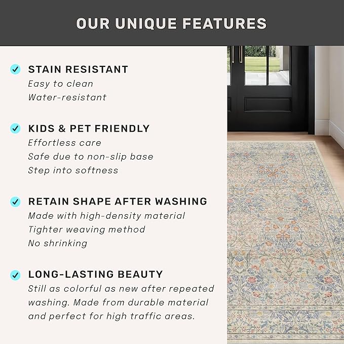 Washable Dining Room Rugs, 6x9 Area Rug for Living Room, Bedroom, Kids Playroom, Baby Nursery - Low Pile Non-Slip Lightweight - Oriental Vintage Design & Stain Resistance (6x9 Light Beige Blue)