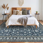 LIVEBOX Washable Area Rug 8x10 - Large Blue Boho Living Room Rug Vintage Rugs for Bedroom, Non-Slip Retro Floral Carpet Print Distressed Accent Rugs for Dining Room Home Office