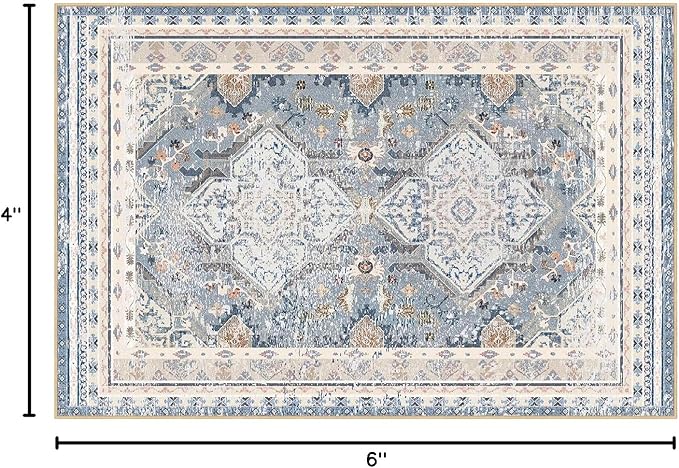 Phantoscope Washable Area Rug 4'x6' Non-Slip, Vintage Neutral Rugs for Living Room, Bedroom, Dining Room, Distressed Boho Geometric Medallion Pattern, Low-Pile Foldable Floor Carpet, Dusty Blue/Multi