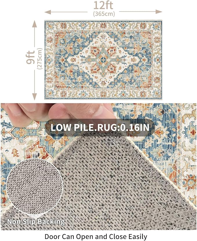 Enkor Area Soft Rugs 9x12 Washable Non Slip Boho Floor Rugs for Living Room Bedroom, Vintage Style Farmhouse Mat for Kitchen Entryway Orange & Blue