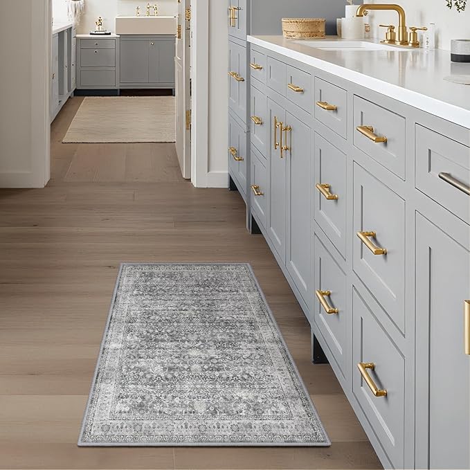 Grey Entryway Rug Indoor, 2x3 Small Door Rugs for Entry Way/Kitchen/Bathroom, Washable Non Slip Low Pile Thin Door Mat Indoor Entrance, Vintage Neutral Gray and Ivory Rug with Decorative Fringe