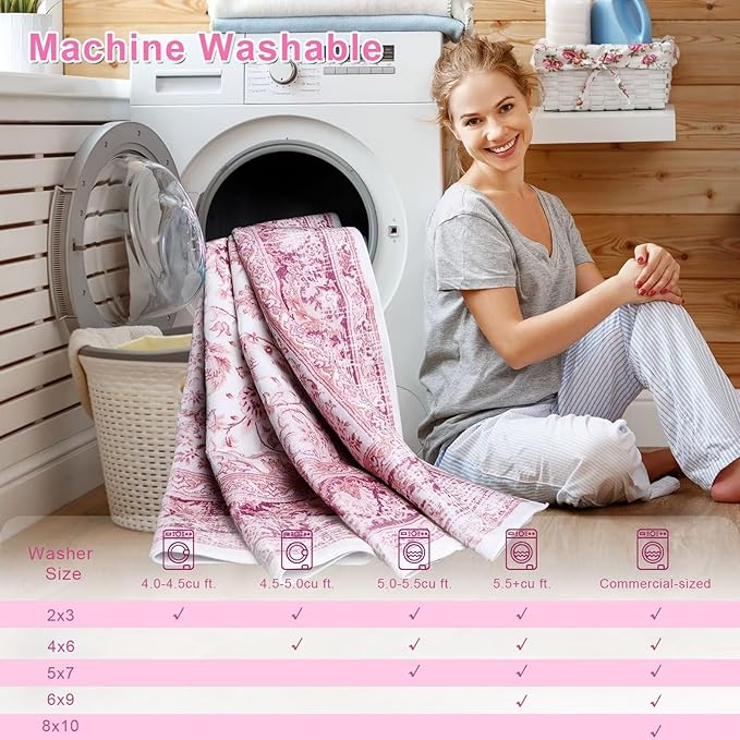 Bright Pink Area Rug for Living Room, 8x10 Machine Washable Rugs with Non-Slip Backing for Girls Bedroom, Large Vintage Carpet for Kitchen Laundry Kids Room