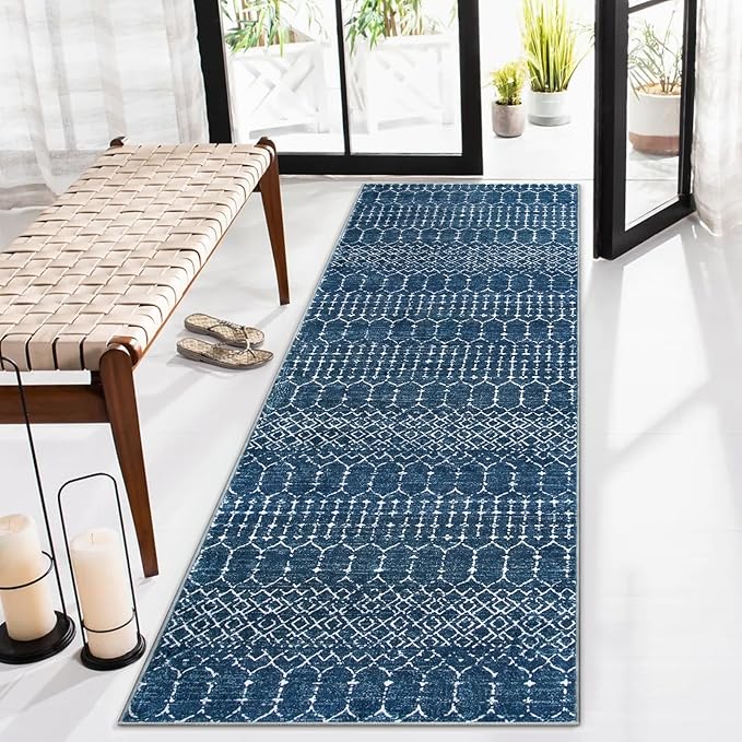 Lahome Moroccan Blue Runner Rug 2x6 Rug Non-Slip Stain Resistant Kitchen Rug Runner Low-Profile Washable Hallway Runners, Geometric Print Distressed Carpet for Entryway Laundry Room