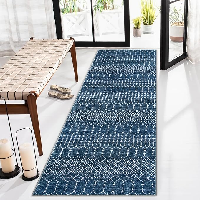 Lahome Moroccan Extra Long Runner Rugs for Hallways, 2.5x12 Rug Runner Washable Ultra-Thin Carpet Non Slip, Faux Wool Soft Modern Floor Print Mat for Entryway Stair (Blue, 2'5''x12')