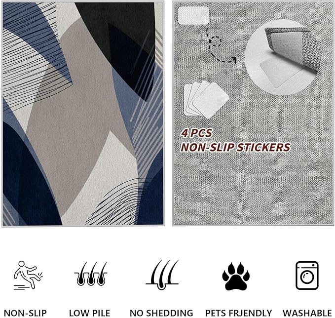 Abstract Art Line Living Room Area Rugs 8x10, Modern Boho Geometric Print Soft Rug, Minimalist Washable Non Slip Neutral Carpet for Bedroom, Dining Room Office Playroom, Navy Blue Gray