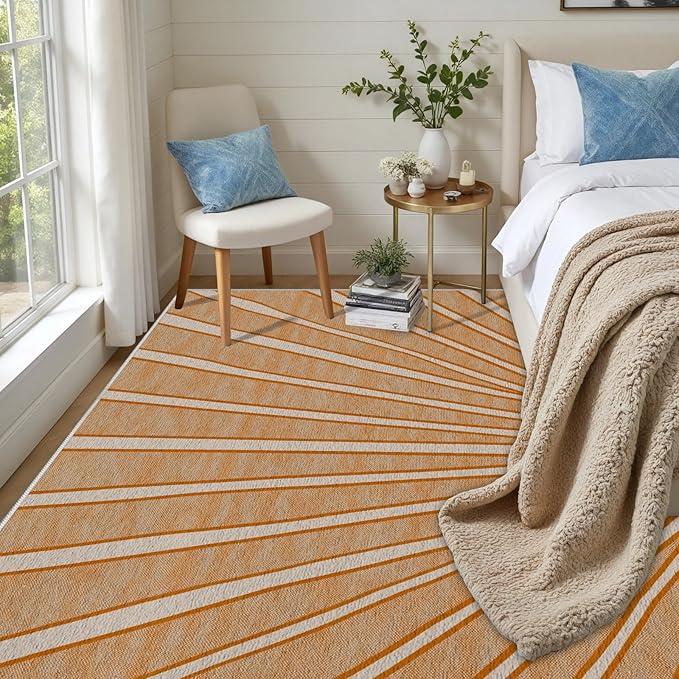 Boho Sun Print Area Rug for Living Room 6x9, Modern Abstract Non-Slip Washable Rugs, Soft Stripe Minimalism Carpet for Bedroom, Nursery, Entryway, Dining Room & Office Decor, Orange White