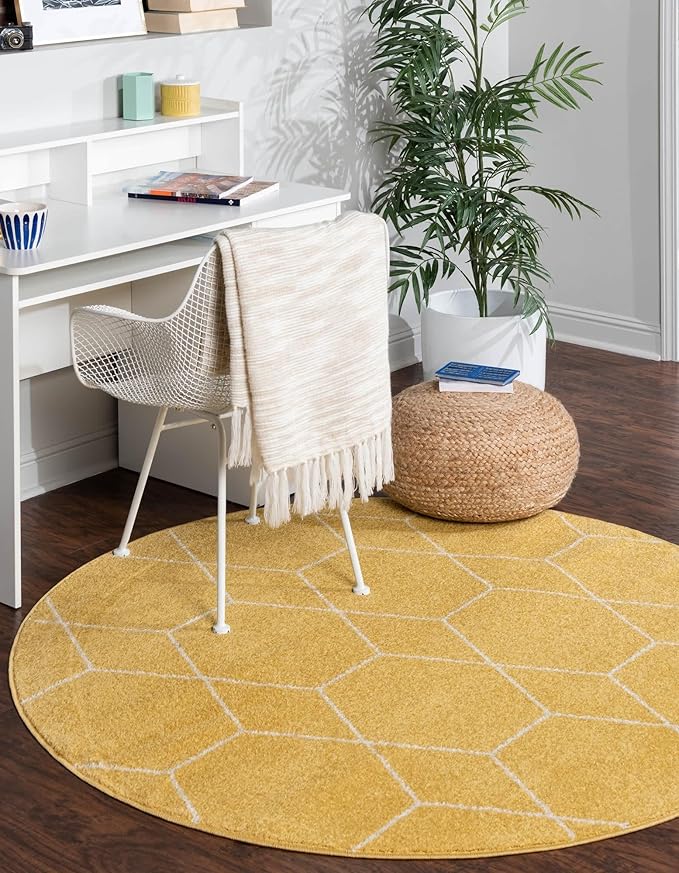 Unique Loom Trellis Frieze Collection Area Rug - Geometric (3' Round, Yellow/ Ivory)