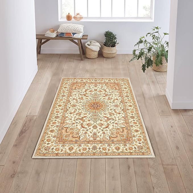 COMSLE Boho Area Rug, 2 x 3 Ft Machine Washable Rugs for Entryway Faux Wool Small Rugs Distressed Throw Rug Non-Slip Floor Carpet for Indoor Bedroom Kitchen Living Room