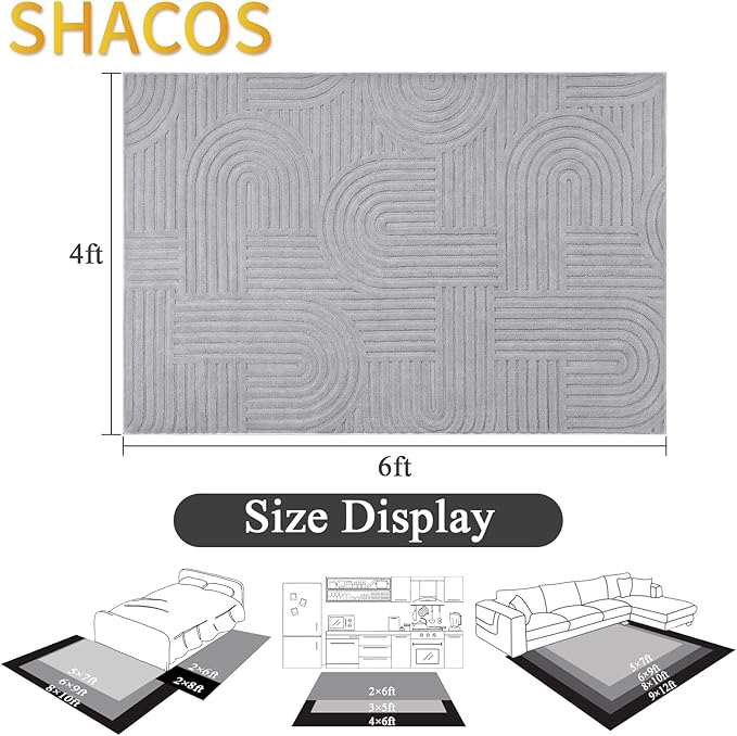 SHACOS Soft Cozy Fluffy Arch Pattern High Low Pile Rugs 4'x6' Non Slip Washable Scandinavian Minimalist Rug Modern Geometric Arc Carpet for Living Room Bedroom Dining Room, Light Grey