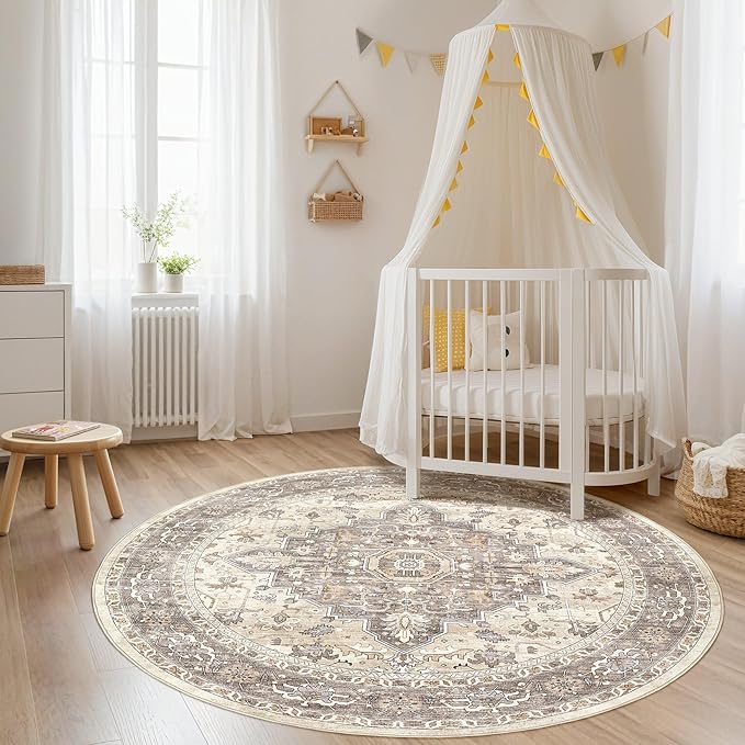 Round Rug Living Room Rugs: 7x7 Washable Boho Neutral Large Circle Soft Indoor Floral Stain Resistant Floor Farmhouse Carpet for Bedroom Nursery Kids Playroom Office Dining Room Dorm Home- Beige Brown