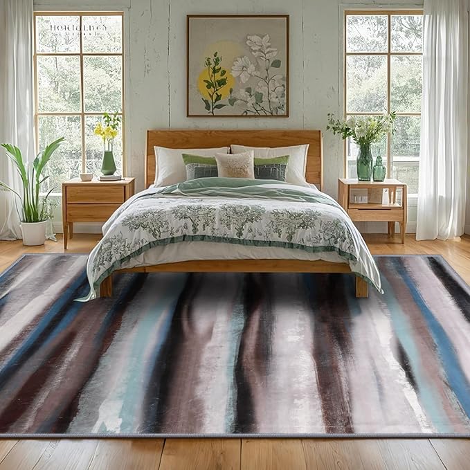 Abstract 5x7 Area Rug, Modern Stripe Pattern Teal Rugs for Living Room, Washable Soft Large Non-Slip Floor Carpet for Dining Room Office Bedroom - Blue/Brown/Multi