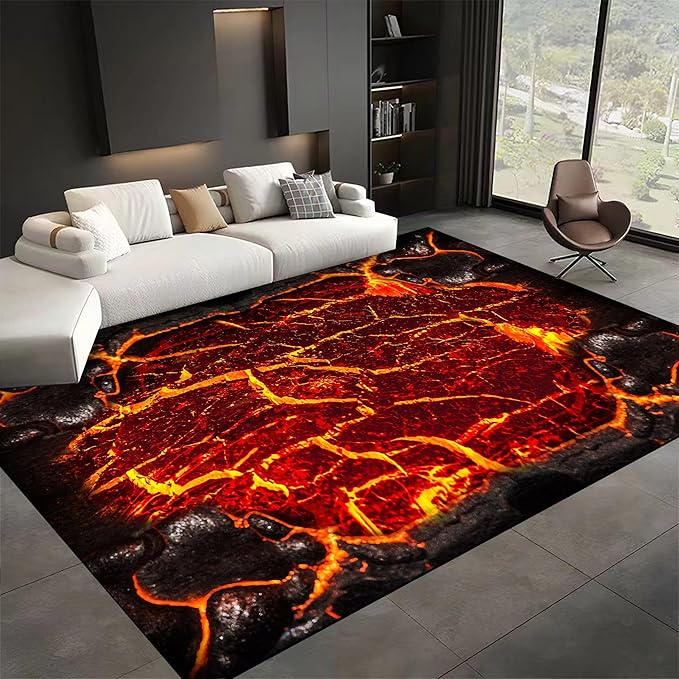Visual Illusion Lava Area Rug, 8x10ft, 3D Red Flame Volcanic Rock Carpet for Living Room, Fade Resistant Absorbent Floor Mat, No Crease Foldable Soft Low Pile Rugs for Bedside Hallway