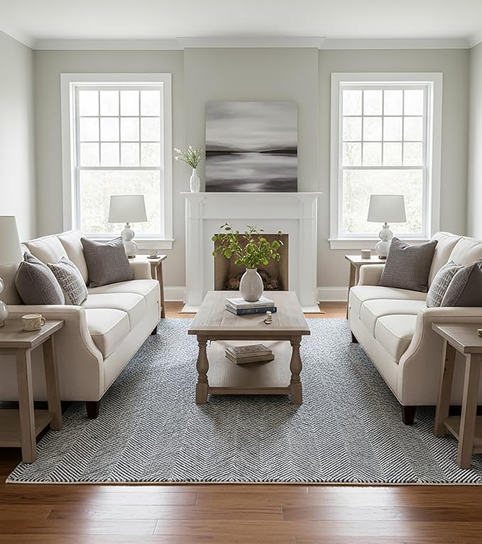 Modern Herringbone Chevron Collection Handcrafted Wool Area Rug - Durable, Zigzag Pattern, for High Traffic, Contemporary Design for Living Room, Bedroom, Dining Room Decor (Denim Blue, 2' x 3')