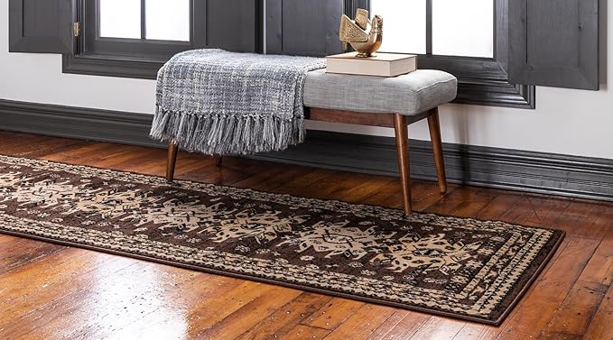 Unique Loom Taftan Collection Border Geometric Tribal Inspired Design Area Rug (2' 7 x 10' 0 Runner, Brown/ Tan)