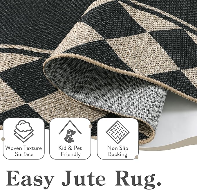 Moynesa Easy Jute Outdoor Rug 8x10 Area Rugs for Living Room, Washable Checkered Indoor Outdoor Patio Rug Non Slip, Farmhouse Carpet for Bedroom Dining Room Table, Black Grid Pattern