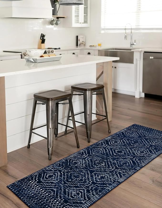 Wonnitar Moroccan Kitchen Runner Rugs, Non-Skid Washable Runner Rug 2x6, Bohemian Non-Shedding Soft Blue Hallway Runner, Geometric Low Pile Carpet Runner for Laundry Bath Entrance (Blue,2'x6')