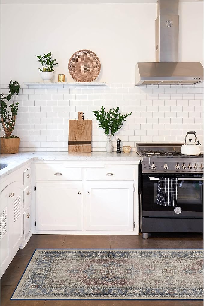 RUGGABLE Washable Vintage Runner Rug – Kamran Royal Blue 2.5x12, Stain-Resistant, Non-Slip Hallway Runner – Machine Washable Rug for Hallway, Entryway, Living Room & Kitchen–with Standard Pad