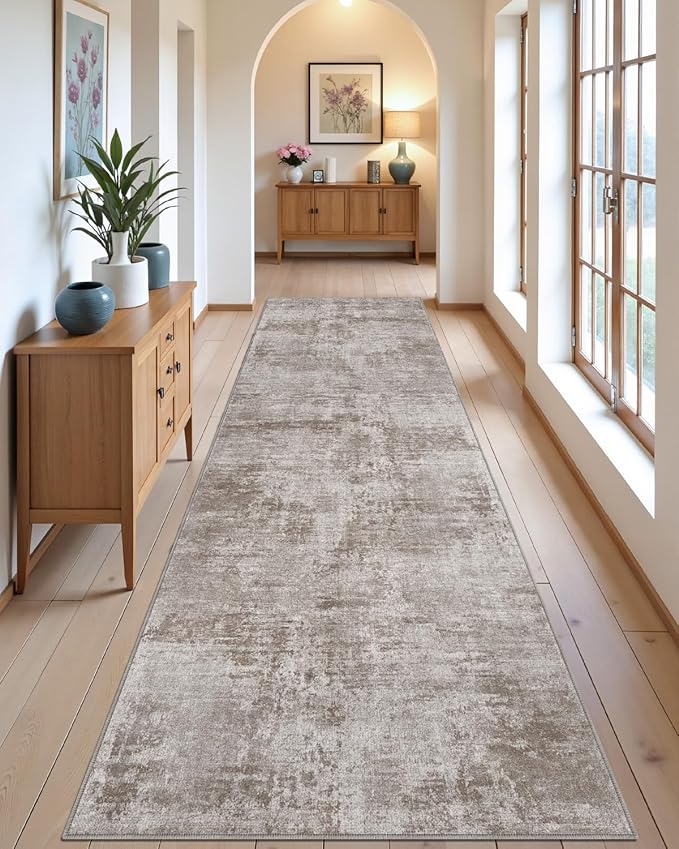DEXI Hallway Runner Rug 3x8, Modern Abstract Non Slip Thin Soft Runners Carpet, Stain Resistant Washable Indoor Rug for Hallway Entryway Kitchen Laundry Room Living Room, Red Brown
