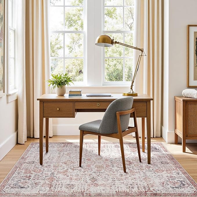jinchan Kalen Area Rug 4x6 Washable Bedroom Rug Vintage Indoor Thin Floor Cover Retro Accent Mat Distressed Floral Country Boho Non Slip Carpet for Living Room Kitchen Dining Room Office Red Multi