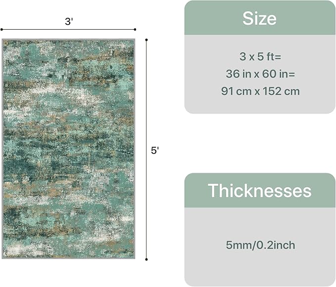 GENIMO 3x5 Rug for Entryway Washable Area Rug, Modern Abstract Small Rugs for Entrance Living Room, Bedroom Beside Rugs, Non-Slip Low Pile Lightweight Soft Carpet, Turquoise
