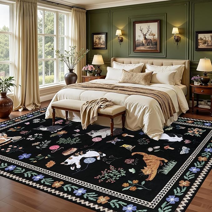 5x7 Area Rugs Living Room Rug: Vintage Washable Rug Floral Soft Carpet Indoor Floor Non-Slip Boho Stain Resistant Large Carpets for Bedroom Kids Nursery Dining Room Farmhouse Home Office Black/C01