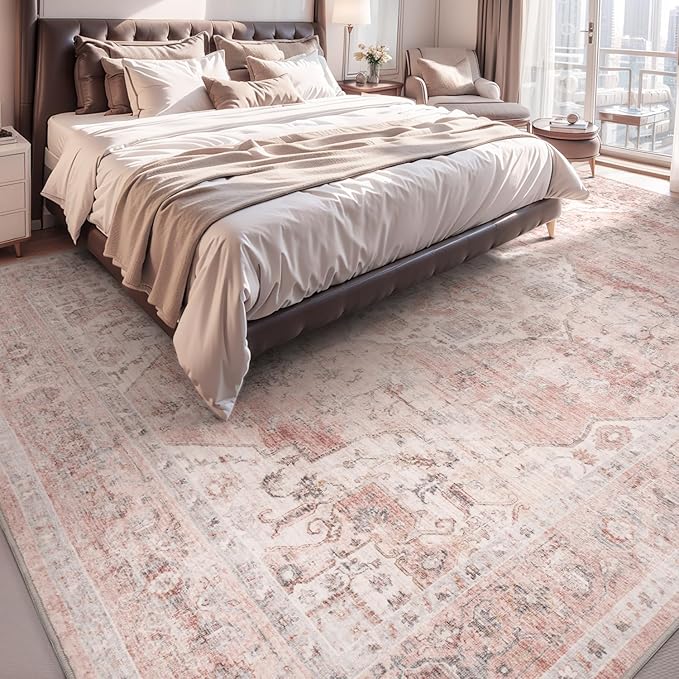 AMOAMI-Area Rug 6X9 Rugs for Living Room-Vintage Soft Pink Rugs for Bedroom-Non Slip Carpet-Machine Washable Rug for Dining Room Living Room Bedroom Office Under Table