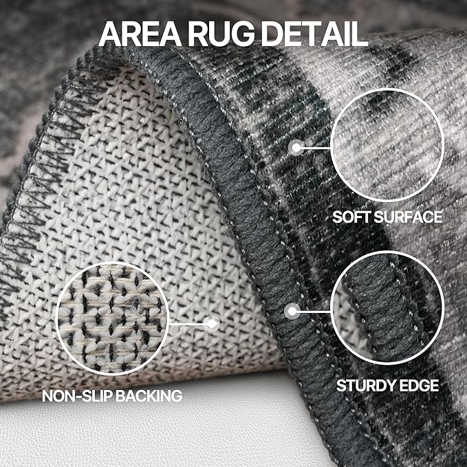 Bavni Vintage 5x7 Area Rugs, Boho Oriental Living Room Rug, Machine Washable Rug Non Slip, Distressed Print Indoor Large Black Rugs, Low Pile Ultra-Thin Soft Carpet for Bedroom, Dining Room, Farmhouse