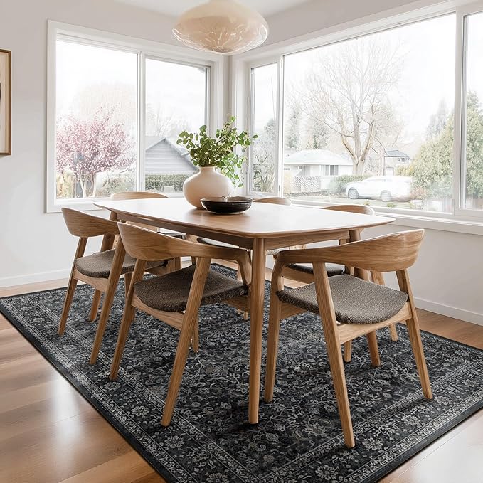 Charcoal Black Area Rug 6x9, Vintage Earth Tone Dark Rugs for Living Room Bedroom, Washable Non Slip Low Pile Thin Carpet Rug for Dining Room Guest Room Home Office