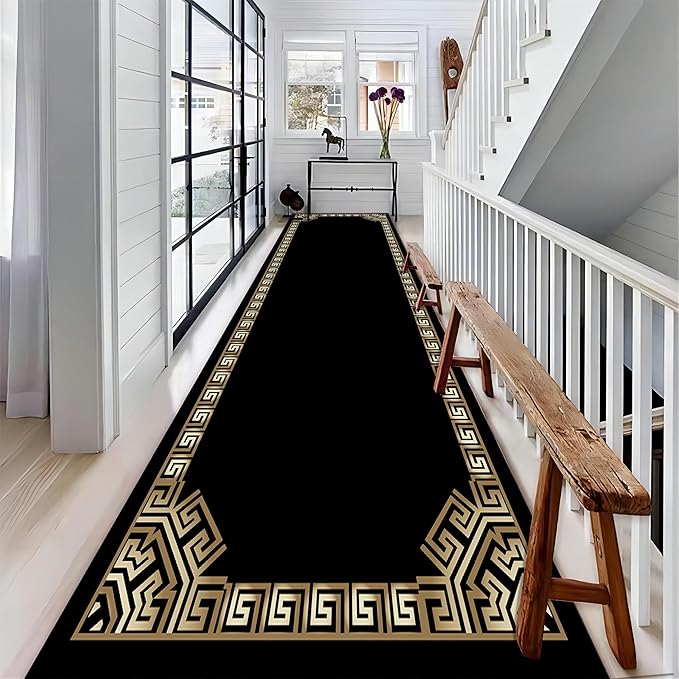 Greek Key Runner Rug for Entryway, 2x7ft, Black Gold Geometric Border Area Rugs for Bedroom, Meander Pattern Fade Resistant Home Decor Carpet, Soft Reduce Noise Entry Mat for Kitchen