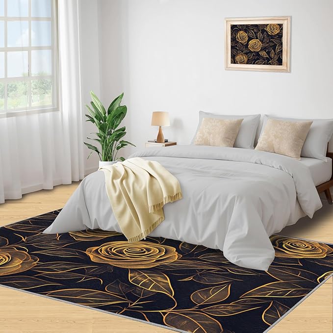 Rose Rugs for Bedroom - 3x5 Area Rug - Black Gold Flowers Rugs for Living Room, European Light Luxury Flowers Rug, Washable Home Decor Carpet
