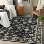 Washable Area Rug 5x7 - Traditional Floral Living Room Rug Soft Boho Farmhouse Bedroom Rug Ultra-Thin Charcoal Black Vintage Dining Room Rugs for Under Table Indoor Carpet for Living Room