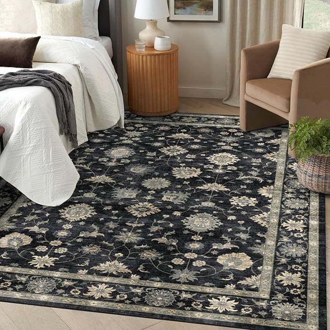 6x9 Area Rug for Living Room - Large Traditional Floral Washable Rugs for Bedroom Non-Slip Charcoal Black Moody Farmhouse Dining Room Rug Low-Pile Carpet Soft Vintage Rug for Office Guest Room