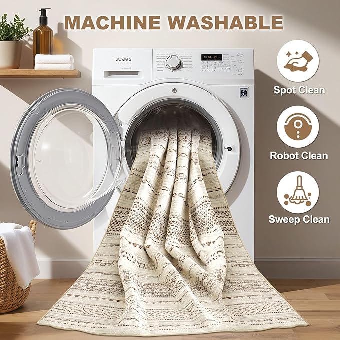 Nakagishi 10x12 Area Rug Living Room: Washable Boho Large Neutral Modern Soft Farmhouse Rugs Stain Resistant Indoor Floor Non-Slip Accent Carpet for Bedroom Nursery Kids Playroom Office Dining Room
