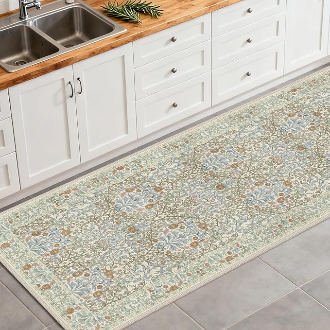 Washable 2'6" x 10' Runners for Hallways, Non Slip Long Floor Runner for Kitchen, Entryway Indoor, Stain Resistant Rubber Backing Floral Décor Rug (Beige Blue)
