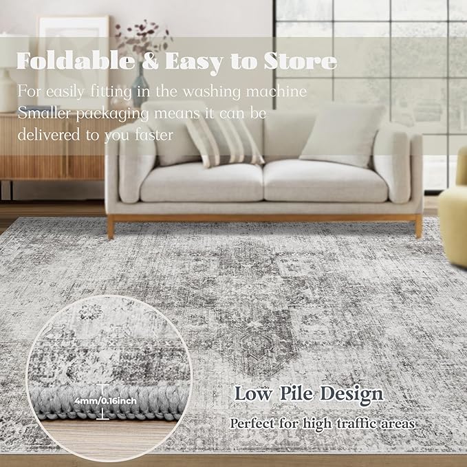 Area Rug 10x14 Washable Rug, Vintage Boho Medallion Rugs Non-Slip Soft Low Pile Large Distressed Rug Indoor Retro Carpet for Living Room Bedroom Dining Room Home Office (Grey, 10'x14')