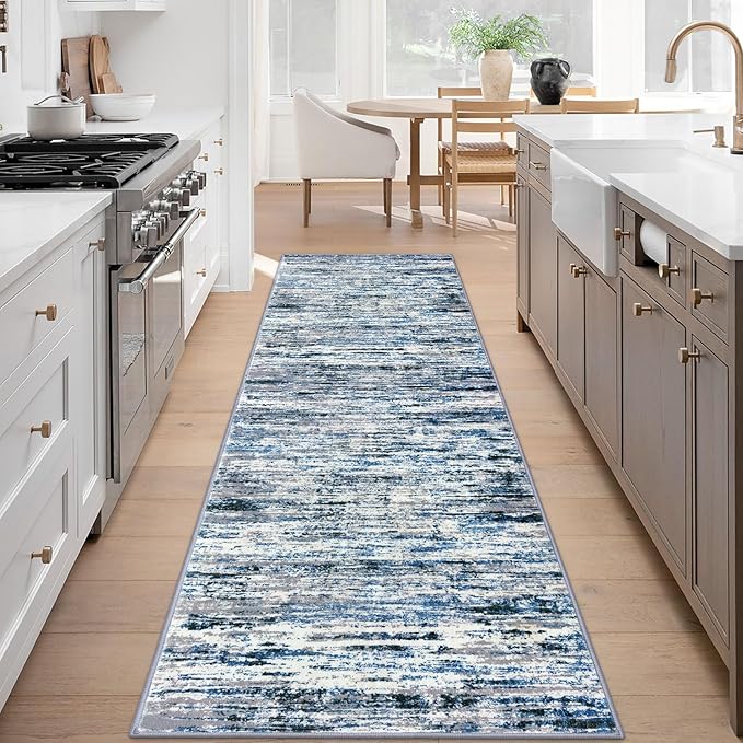 Modern Abstract Runner Rug 3x8, Grey Blue White, Washable Kitchen Runner Non-Slip Soft Hallway Rug Thin Print Faux Wool Carpet for Entryway Bedroom Laundry Room Indoor Home Office Decor