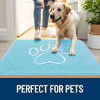 OLANLY Dog Door Mat for Muddy Paws 48x30, Paw Print Design, Absorbs Moisture and Dirt, Absorbent Non-Slip Washable Doormat, Quick Dry Chenille Mud Mat for Dogs, Entry Indoor Entryway Carpet, Blue