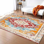 Bohemian Pattern Rectangular Area Rugs for Living Room Bedroom 5 x 8 ft Red & Orange Abstract Non-Shedding Soft Low Pile Rug Non Slip Washable Rug for Nursery Entryway Playroom